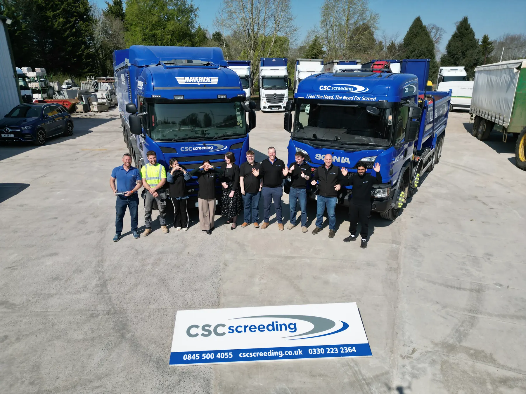 The CSC Screeding team and their fleet of blue Maverick trucks, seen from above at the Slough yard